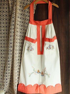 Vintage 1950s Laundry Bag, Orange Asian Themed Floral Hanging Storage W/ Pockets